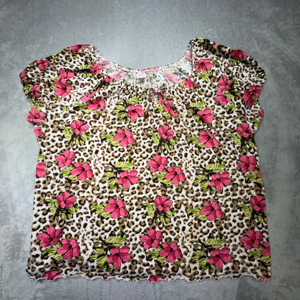 Vintage Bobbie Brooks L 12-14‎ Leopard Floral Top Pink Cotton Blend Y2K 2000s